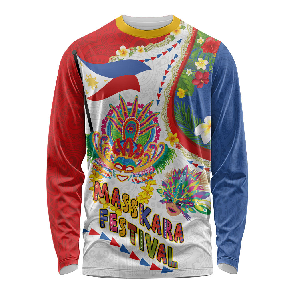 Philippines MassKara Festival Long Sleeve Shirt Smile Masks with Hawaiian Art Pattern and Tropical Plants LT03 Unisex Multicolor - Polynesian Pride