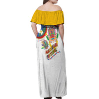 Philippines MassKara Festival Off Shoulder Maxi Dress Smile Masks with Hawaiian Art Pattern and Tropical Plants LT03 - Polynesian Pride