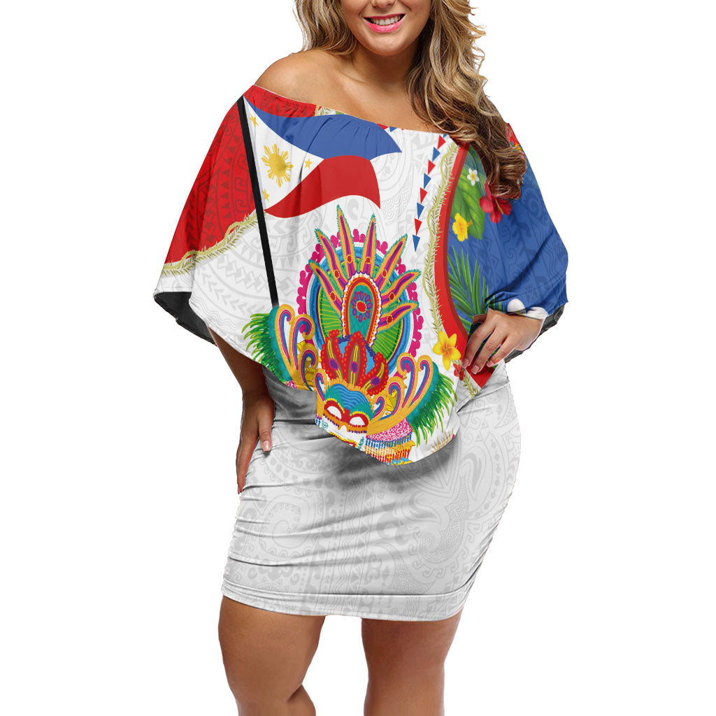 Philippines MassKara Festival Off Shoulder Short Dress Smile Masks with Hawaiian Art Pattern and Tropical Plants LT03 Women Multicolor - Polynesian Pride