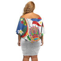 Philippines MassKara Festival Off Shoulder Short Dress Smile Masks with Hawaiian Art Pattern and Tropical Plants LT03 - Polynesian Pride