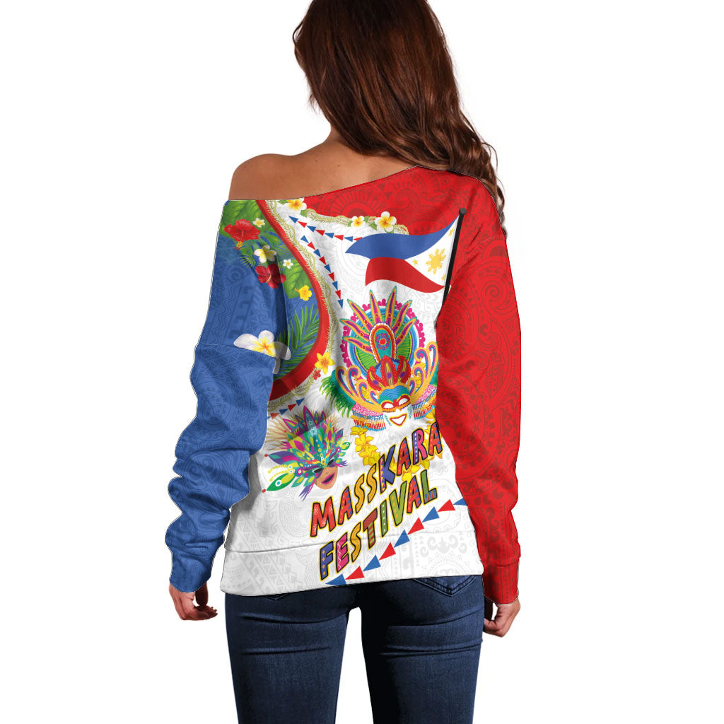 Philippines MassKara Festival Off Shoulder Sweater Smile Masks with Hawaiian Art Pattern and Tropical Plants LT03 - Polynesian Pride