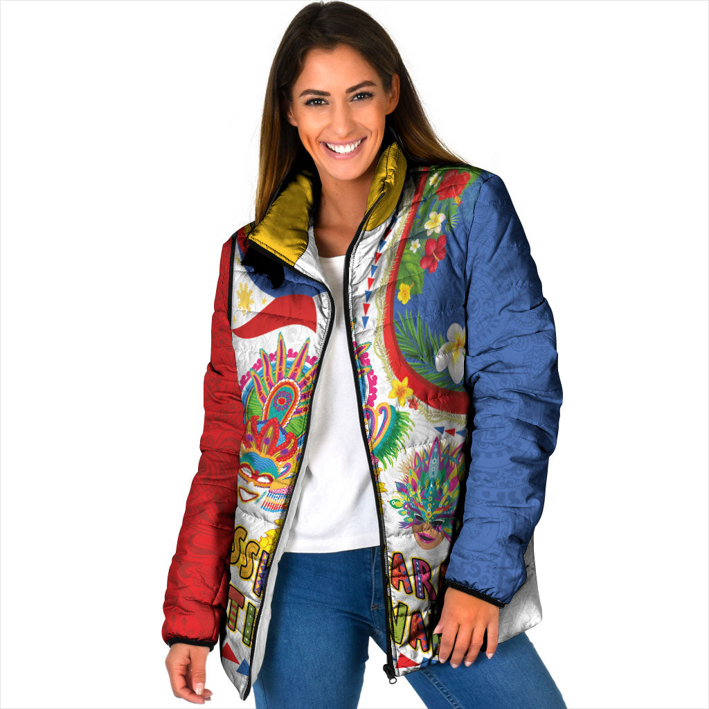 Philippines MassKara Festival Padded Jacket Smile Masks with Hawaiian Art Pattern and Tropical Plants LT03 Women Multicolor - Polynesian Pride