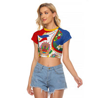 Philippines MassKara Festival Raglan Cropped T Shirt Smile Masks with Hawaiian Art Pattern and Tropical Plants LT03 Female Multicolor - Polynesian Pride