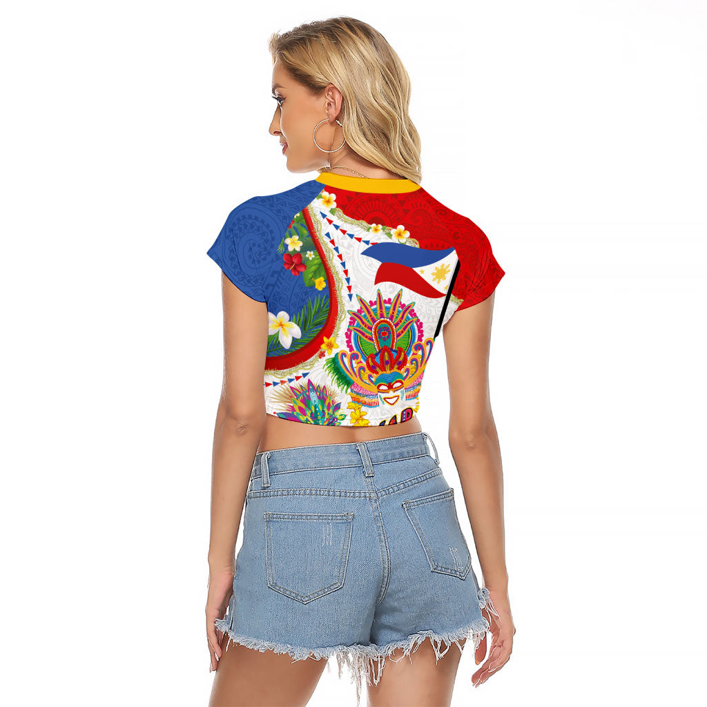 Philippines MassKara Festival Raglan Cropped T Shirt Smile Masks with Hawaiian Art Pattern and Tropical Plants LT03 - Polynesian Pride