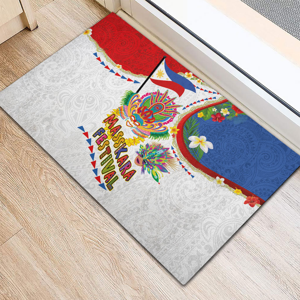 Philippines MassKara Festival Rubber Doormat Smile Masks with Hawaiian Art Pattern and Tropical Plants LT03 - Polynesian Pride