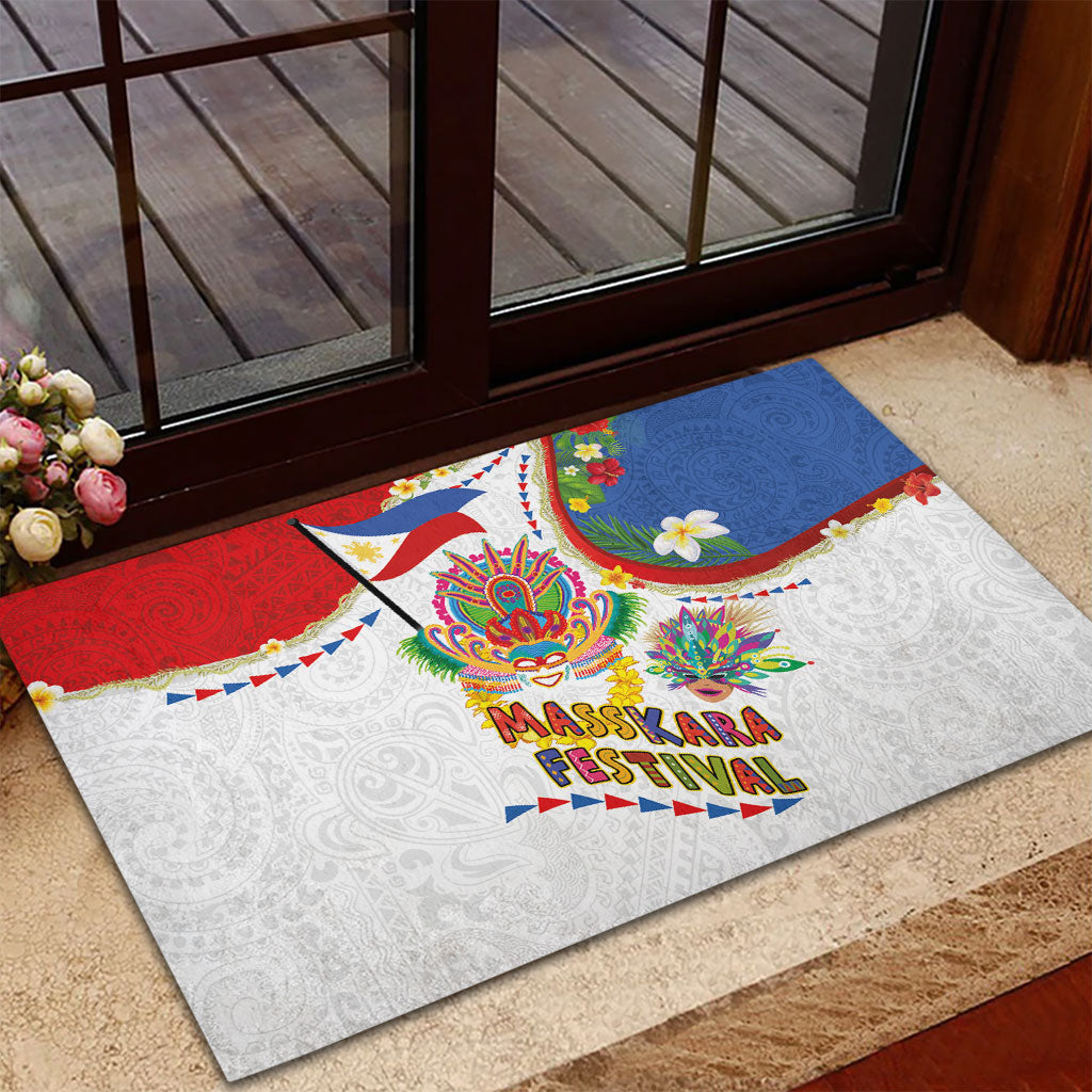 Philippines MassKara Festival Rubber Doormat Smile Masks with Hawaiian Art Pattern and Tropical Plants LT03 - Polynesian Pride