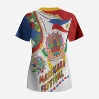 Philippines MassKara Festival Scrub Top Smile Masks with Hawaiian Art Pattern and Tropical Plants LT03 - Polynesian Pride