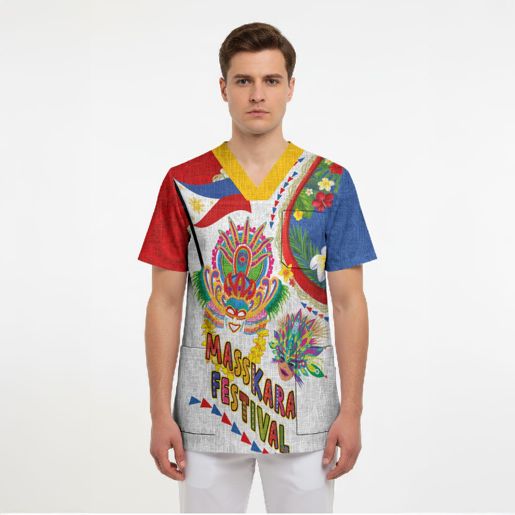 Philippines MassKara Festival Scrub Top Smile Masks with Hawaiian Art Pattern and Tropical Plants LT03 - Polynesian Pride