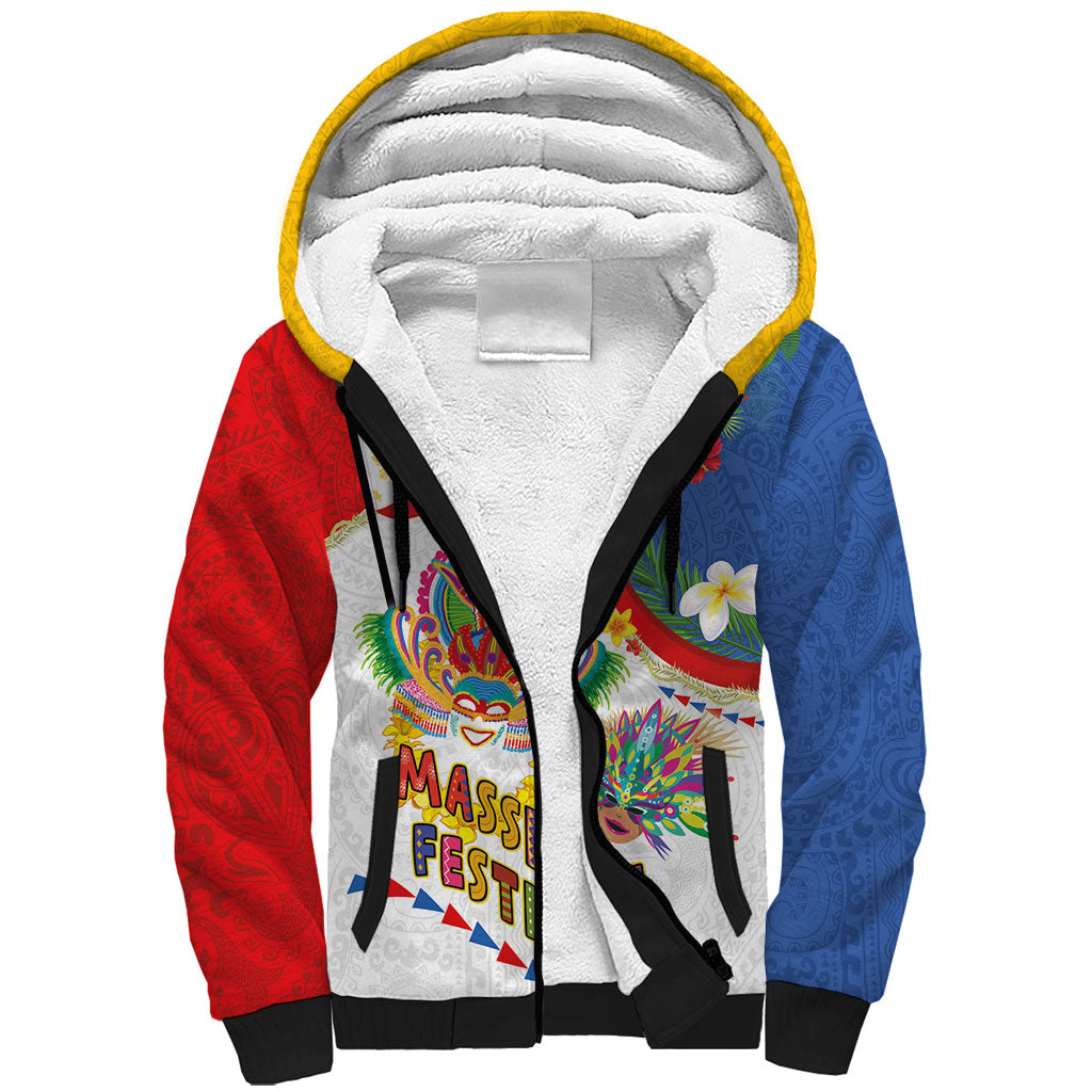 Philippines MassKara Festival Sherpa Hoodie Smile Masks with Hawaiian Art Pattern and Tropical Plants LT03 Unisex Multicolor - Polynesian Pride