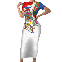 Philippines MassKara Festival Short Sleeve Bodycon Dress Smile Masks with Hawaiian Art Pattern and Tropical Plants LT03 Long Dress Multicolor - Polynesian Pride