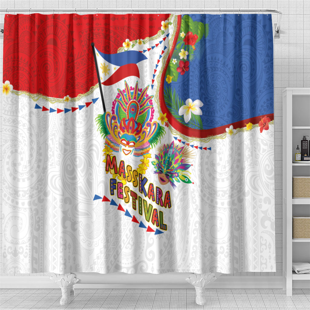 Philippines MassKara Festival Shower Curtain Smile Masks with Hawaiian Art Pattern and Tropical Plants LT03 - Polynesian Pride