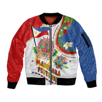 Philippines MassKara Festival Sleeve Zip Bomber Jacket Smile Masks with Hawaiian Art Pattern and Tropical Plants LT03 Unisex Multicolor - Polynesian Pride
