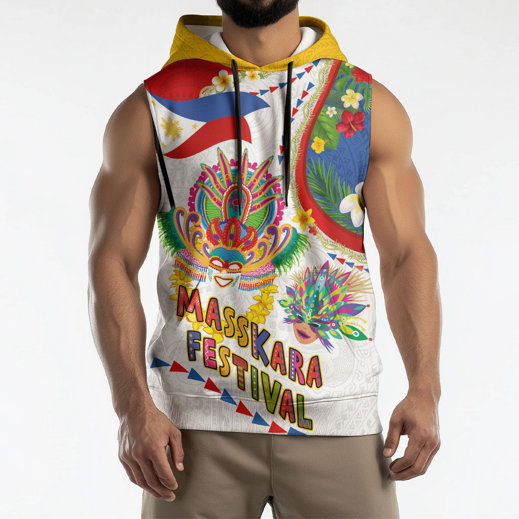 Philippines MassKara Festival Sleeveless Hoodie Smile Masks with Hawaiian Art Pattern and Tropical Plants LT03 - Polynesian Pride