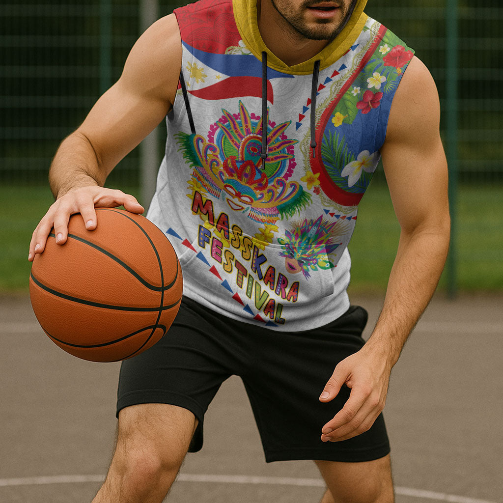 Philippines MassKara Festival Sleeveless Hoodie Smile Masks with Hawaiian Art Pattern and Tropical Plants LT03 - Polynesian Pride