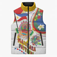 Philippines MassKara Festival Sleeveless Puffer Jacket Smile Masks with Hawaiian Art Pattern and Tropical Plants LT03 Unisex Multicolor - Polynesian Pride