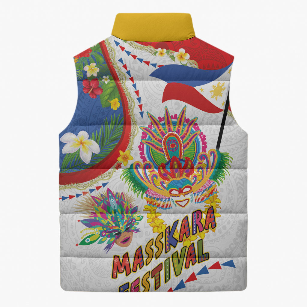 Philippines MassKara Festival Sleeveless Puffer Jacket Smile Masks with Hawaiian Art Pattern and Tropical Plants LT03 - Polynesian Pride