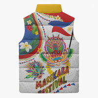 Philippines MassKara Festival Sleeveless Puffer Jacket Smile Masks with Hawaiian Art Pattern and Tropical Plants LT03 - Polynesian Pride