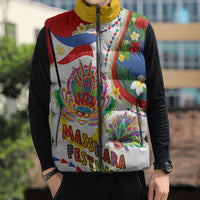 Philippines MassKara Festival Sleeveless Puffer Jacket Smile Masks with Hawaiian Art Pattern and Tropical Plants LT03 - Polynesian Pride