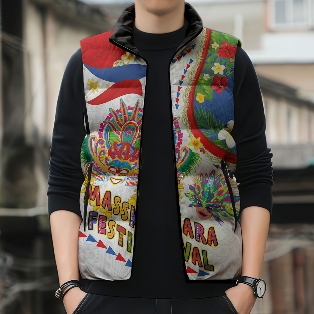 Philippines MassKara Festival Sleeveless Puffer Jacket Smile Masks with Hawaiian Art Pattern and Tropical Plants LT03 - Polynesian Pride