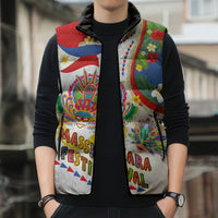 Philippines MassKara Festival Sleeveless Puffer Jacket Smile Masks with Hawaiian Art Pattern and Tropical Plants LT03 - Polynesian Pride