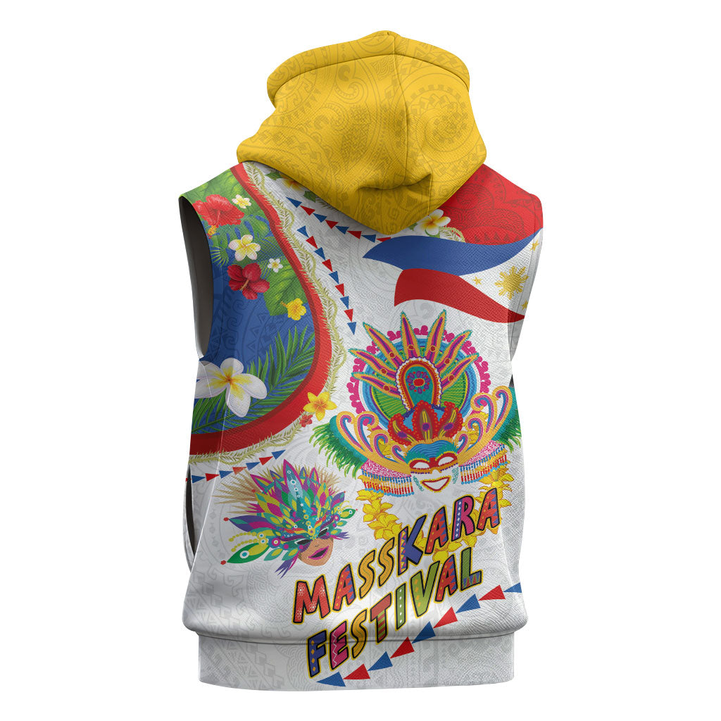 Philippines MassKara Festival Sleeveless Zip Hoodie Smile Masks with Hawaiian Art Pattern and Tropical Plants LT03 - Polynesian Pride