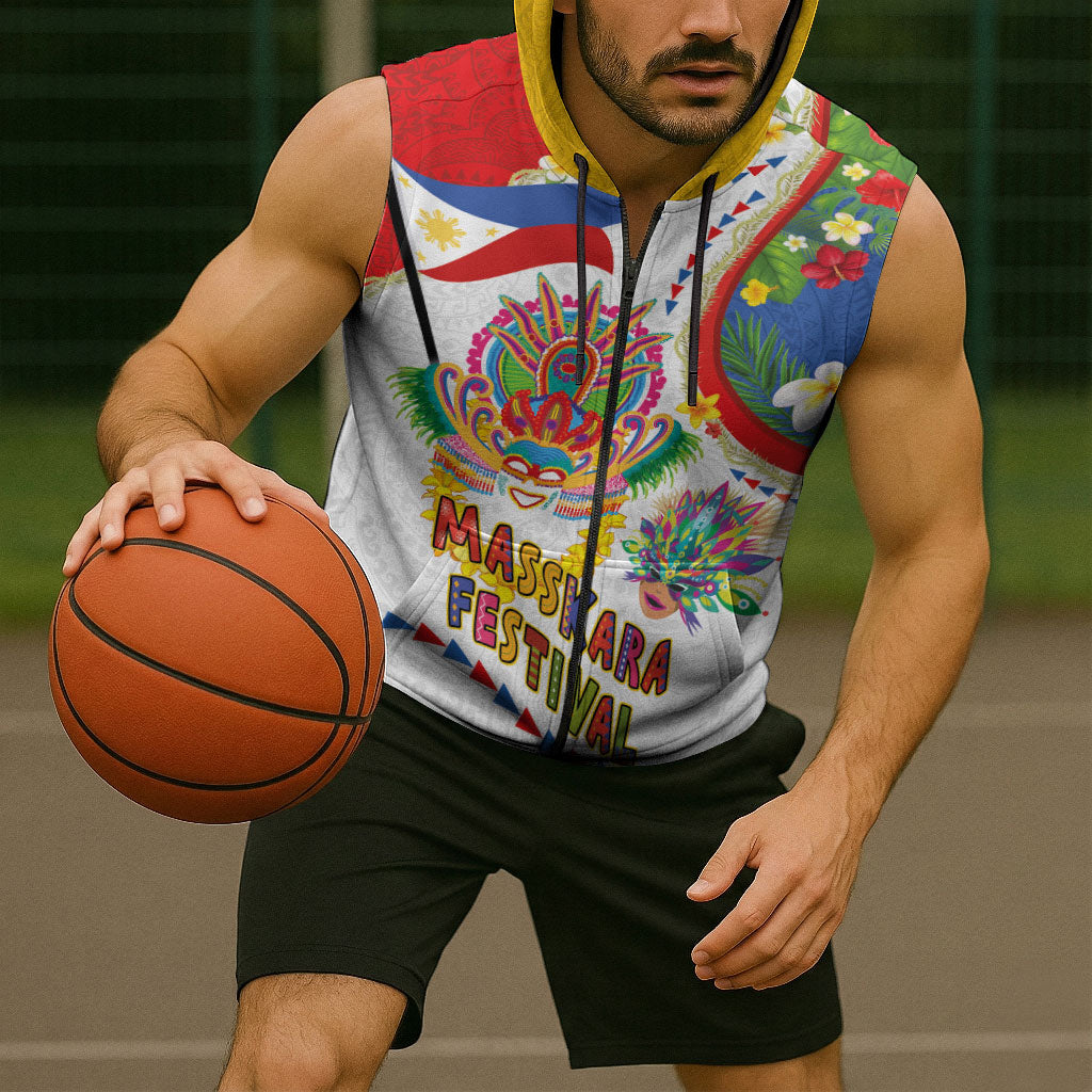 Philippines MassKara Festival Sleeveless Zip Hoodie Smile Masks with Hawaiian Art Pattern and Tropical Plants LT03 - Polynesian Pride