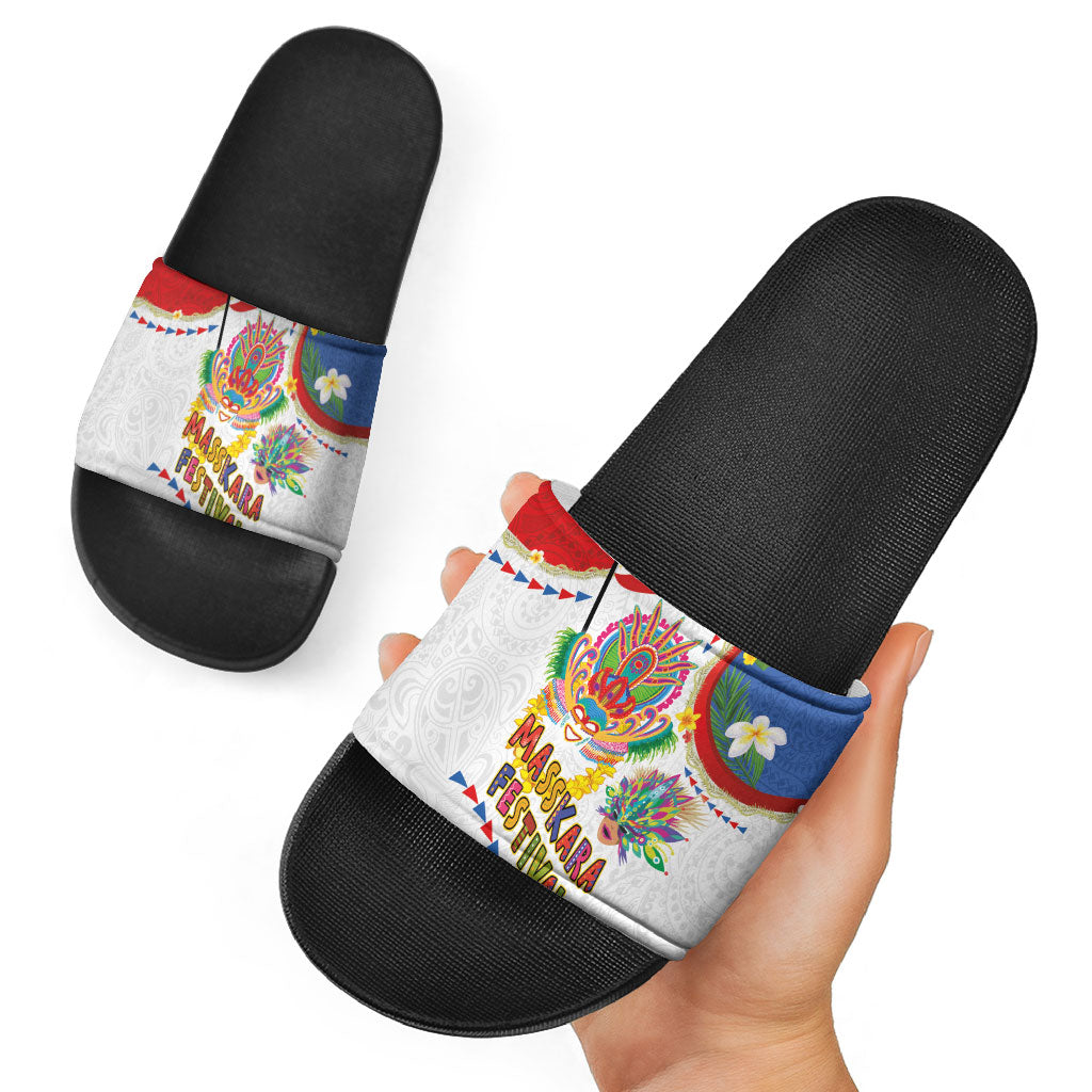 Philippines MassKara Festival Slide Sandals Smile Masks with Hawaiian Art Pattern and Tropical Plants LT03 - Polynesian Pride