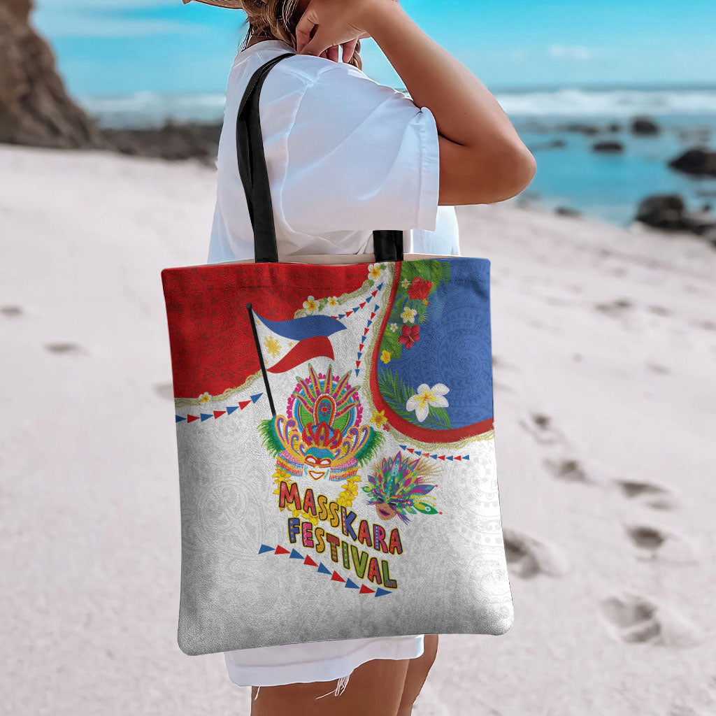 Philippines MassKara Festival Tote Bag Smile Masks with Hawaiian Art Pattern and Tropical Plants LT03 - Polynesian Pride