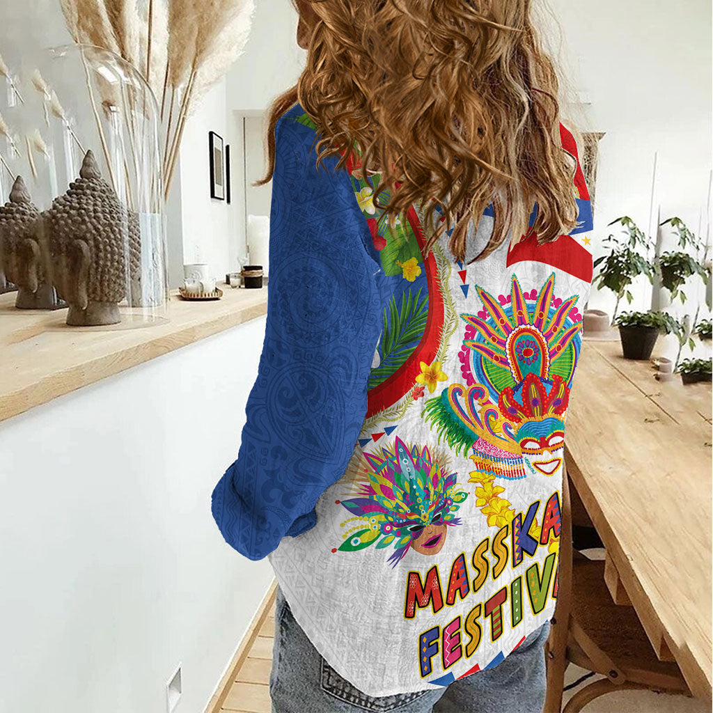 Philippines MassKara Festival Women Casual Shirt Smile Masks with Hawaiian Art Pattern and Tropical Plants LT03 - Polynesian Pride