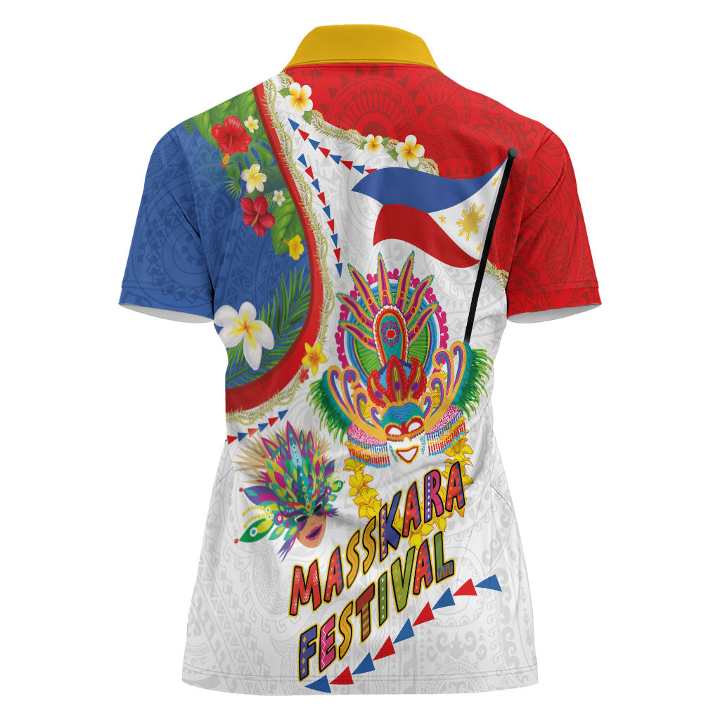 Philippines MassKara Festival Women Polo Shirt Smile Masks with Hawaiian Art Pattern and Tropical Plants LT03 - Polynesian Pride