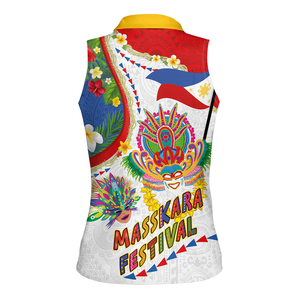 Philippines MassKara Festival Women Sleeveless Polo Shirt Smile Masks with Hawaiian Art Pattern and Tropical Plants LT03 - Polynesian Pride