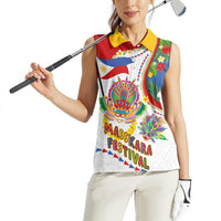 Philippines MassKara Festival Women Sleeveless Polo Shirt Smile Masks with Hawaiian Art Pattern and Tropical Plants LT03 - Polynesian Pride