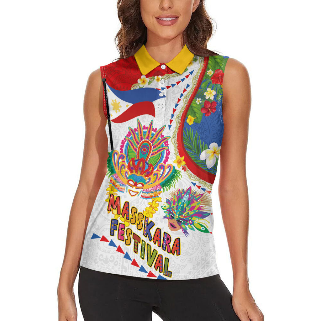 Philippines MassKara Festival Women Sleeveless Polo Shirt Smile Masks with Hawaiian Art Pattern and Tropical Plants LT03 - Polynesian Pride