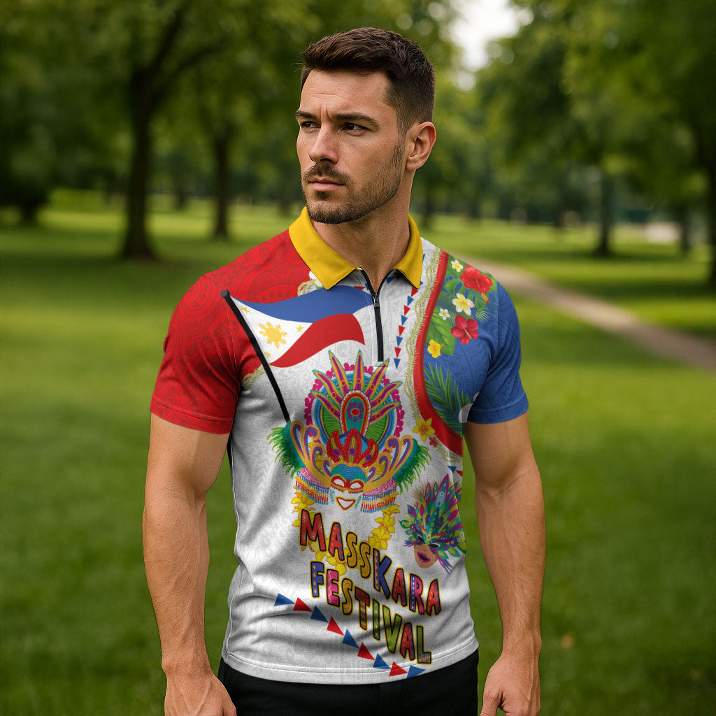Philippines MassKara Festival Zipper Polo Shirt Smile Masks with Hawaiian Art Pattern and Tropical Plants LT03 - Polynesian Pride