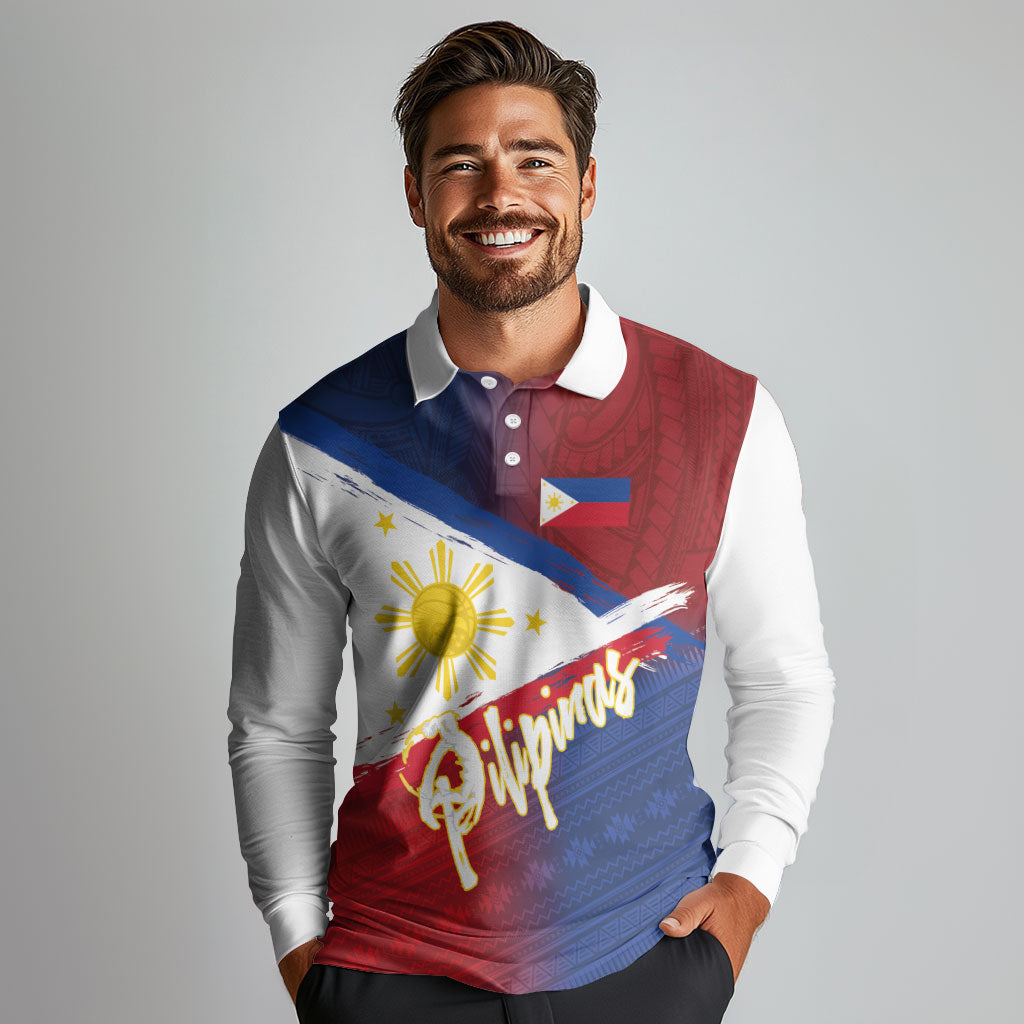 Philippines Basketball Custom Long Sleeve Polo Shirt Pilipinas Tribal Pattern LT03 - Polynesian Pride