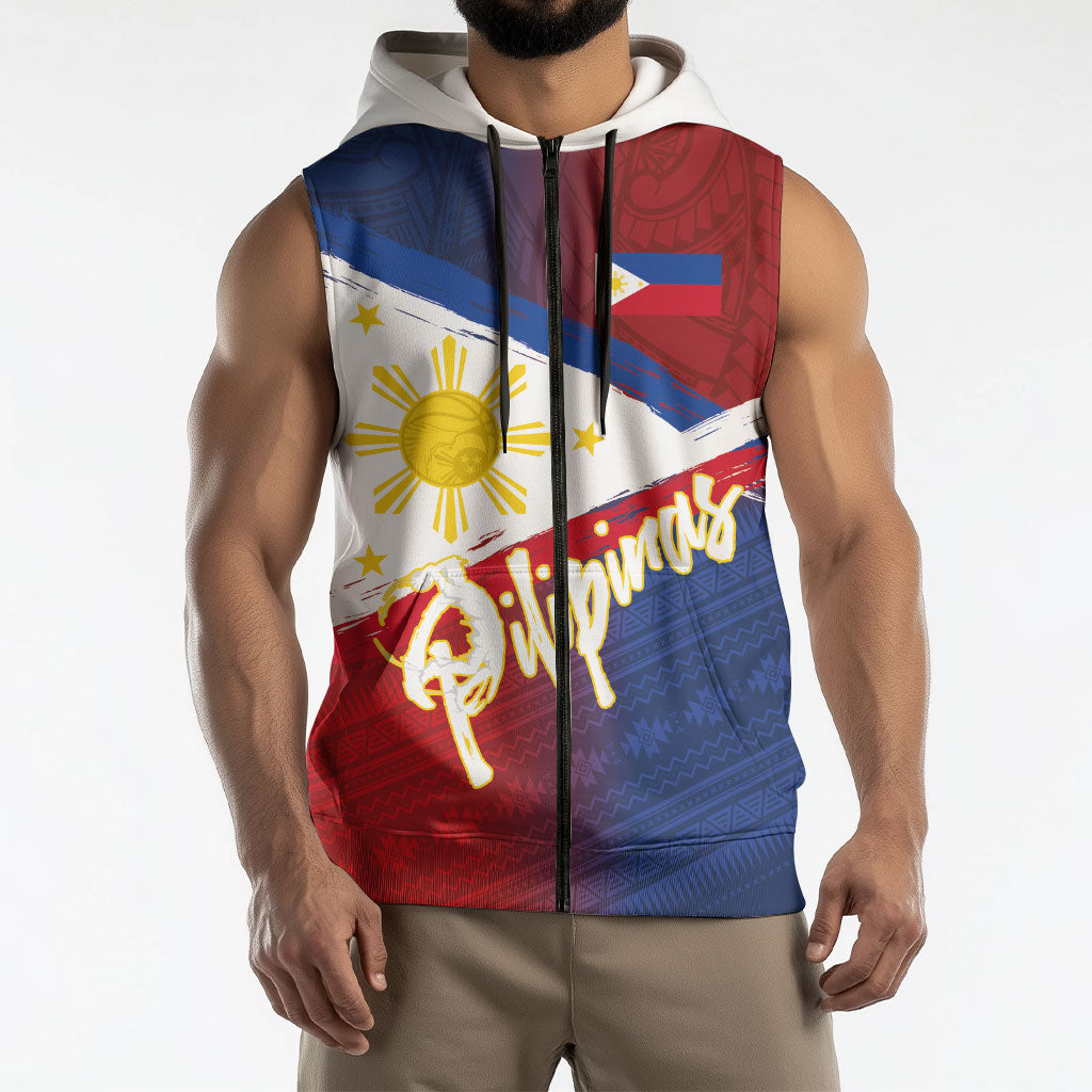 Philippines Basketball Custom Sleeveless Zip Hoodie Pilipinas Tribal Pattern LT03 - Polynesian Pride