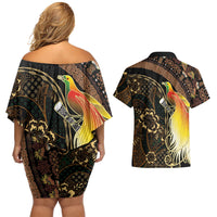 Papua New Guinea and Indonesia Batik Couples Matching Off Shoulder Short Dress and Hawaiian Shirt Bird of Paradise with Tribal Batik Patterns LT03 - Polynesian Pride