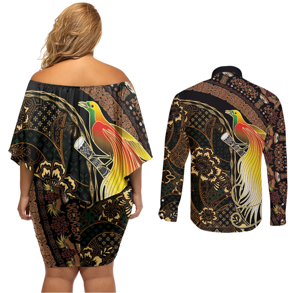 Papua New Guinea and Indonesia Batik Couples Matching Off Shoulder Short Dress and Long Sleeve Button Shirt Bird of Paradise with Tribal Batik Patterns LT03 - Polynesian Pride