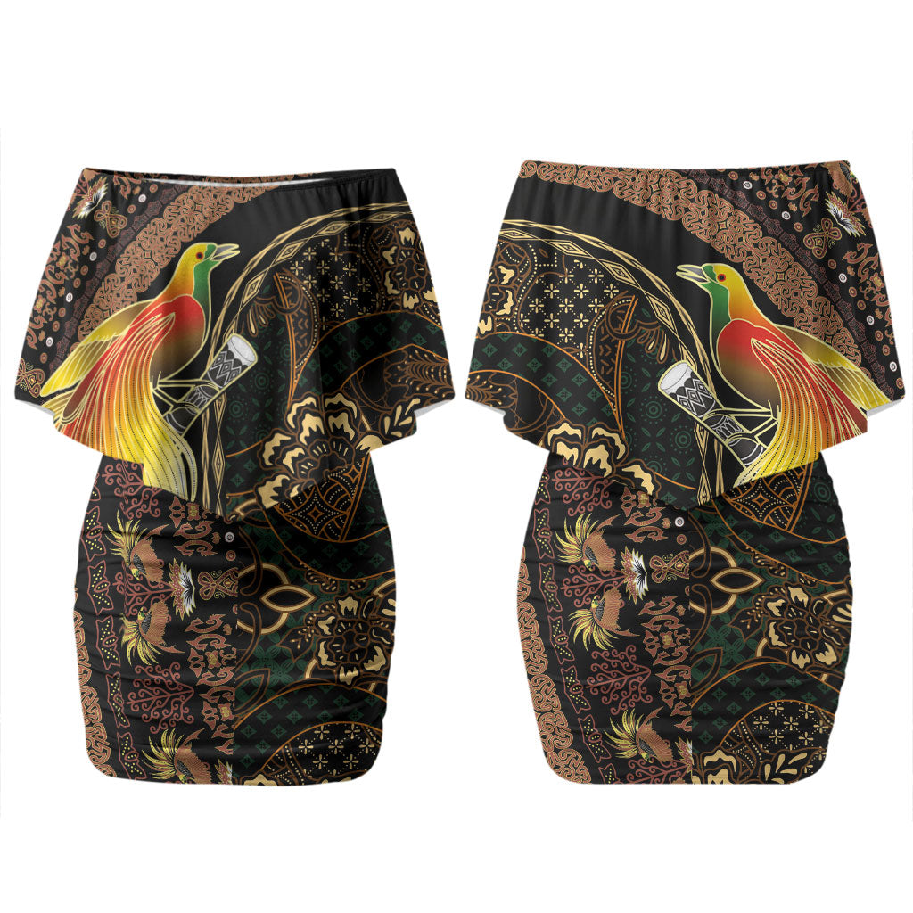 Papua New Guinea and Indonesia Batik Couples Matching Off Shoulder Short Dress and Long Sleeve Button Shirt Bird of Paradise with Tribal Batik Patterns LT03 - Polynesian Pride