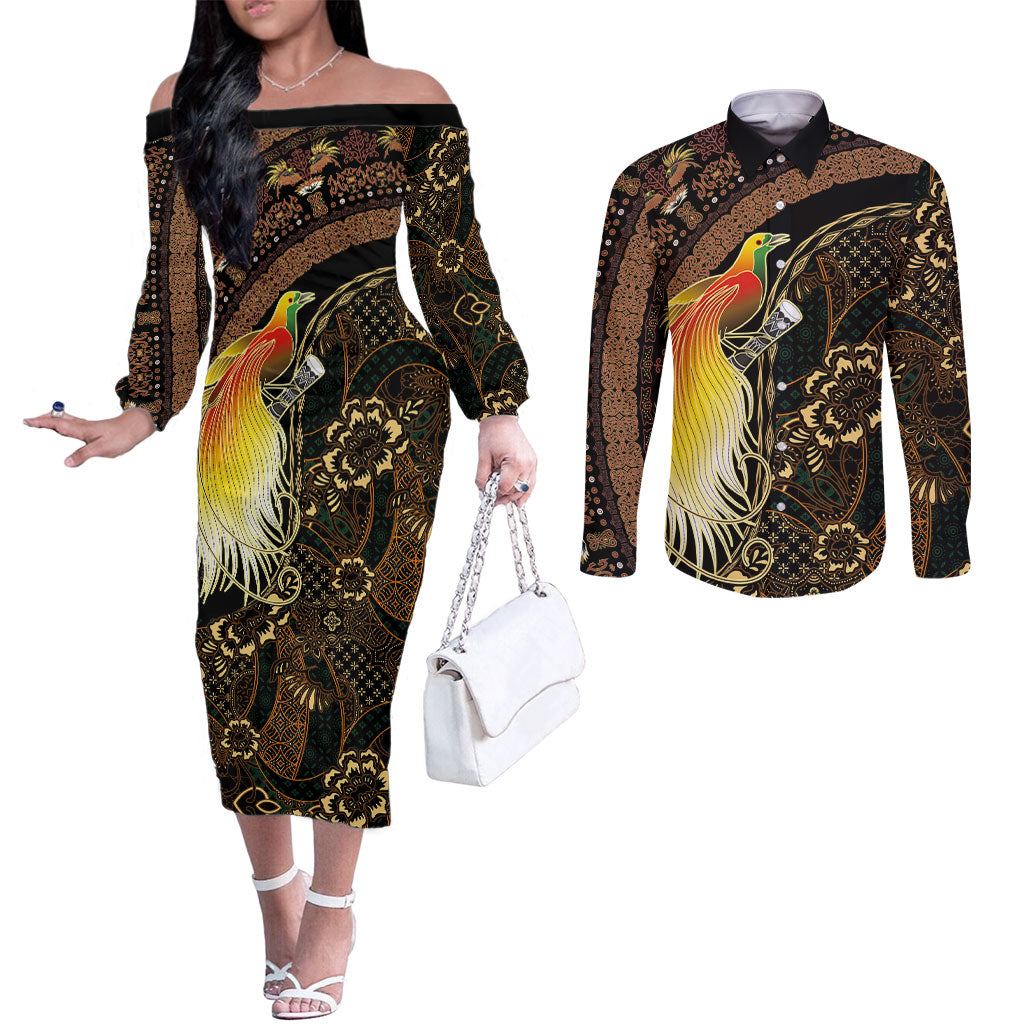 Papua New Guinea and Indonesia Batik Couples Matching Off The Shoulder Long Sleeve Dress and Long Sleeve Button Shirt Bird of Paradise with Tribal Batik Patterns LT03 Multicolor - Polynesian Pride
