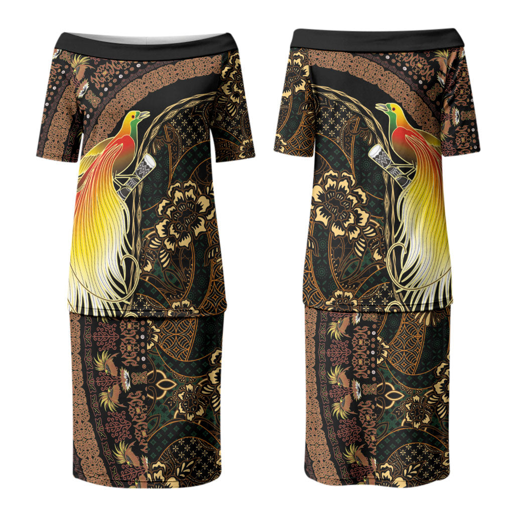Papua New Guinea and Indonesia Batik Couples Matching Puletasi and Long Sleeve Button Shirt Bird of Paradise with Tribal Batik Patterns LT03 - Polynesian Pride