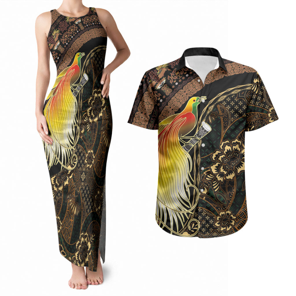 Papua New Guinea and Indonesia Batik Couples Matching Tank Maxi Dress and Hawaiian Shirt Bird of Paradise with Tribal Batik Patterns LT03 Multicolor - Polynesian Pride