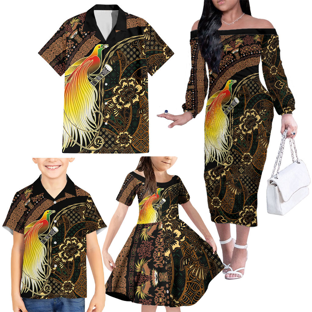 Papua New Guinea and Indonesia Batik Family Matching Off The Shoulder Long Sleeve Dress and Hawaiian Shirt Bird of Paradise with Tribal Batik Patterns LT03 - Polynesian Pride