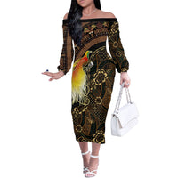 Papua New Guinea and Indonesia Batik Family Matching Off The Shoulder Long Sleeve Dress and Hawaiian Shirt Bird of Paradise with Tribal Batik Patterns LT03 Mom's Dress Multicolor - Polynesian Pride