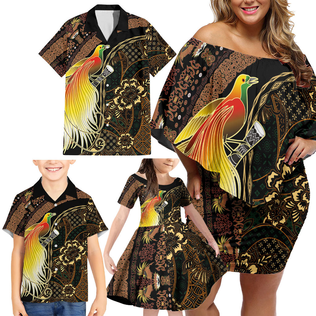 Papua New Guinea and Indonesia Batik Family Matching Off Shoulder Short Dress and Hawaiian Shirt Bird of Paradise with Tribal Batik Patterns LT03 - Polynesian Pride