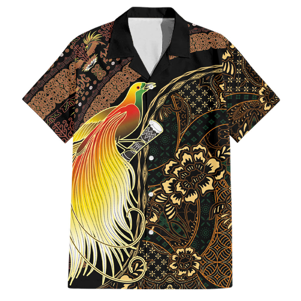 Papua New Guinea and Indonesia Batik Family Matching Off Shoulder Short Dress and Hawaiian Shirt Bird of Paradise with Tribal Batik Patterns LT03 Dad's Shirt - Short Sleeve Multicolor - Polynesian Pride
