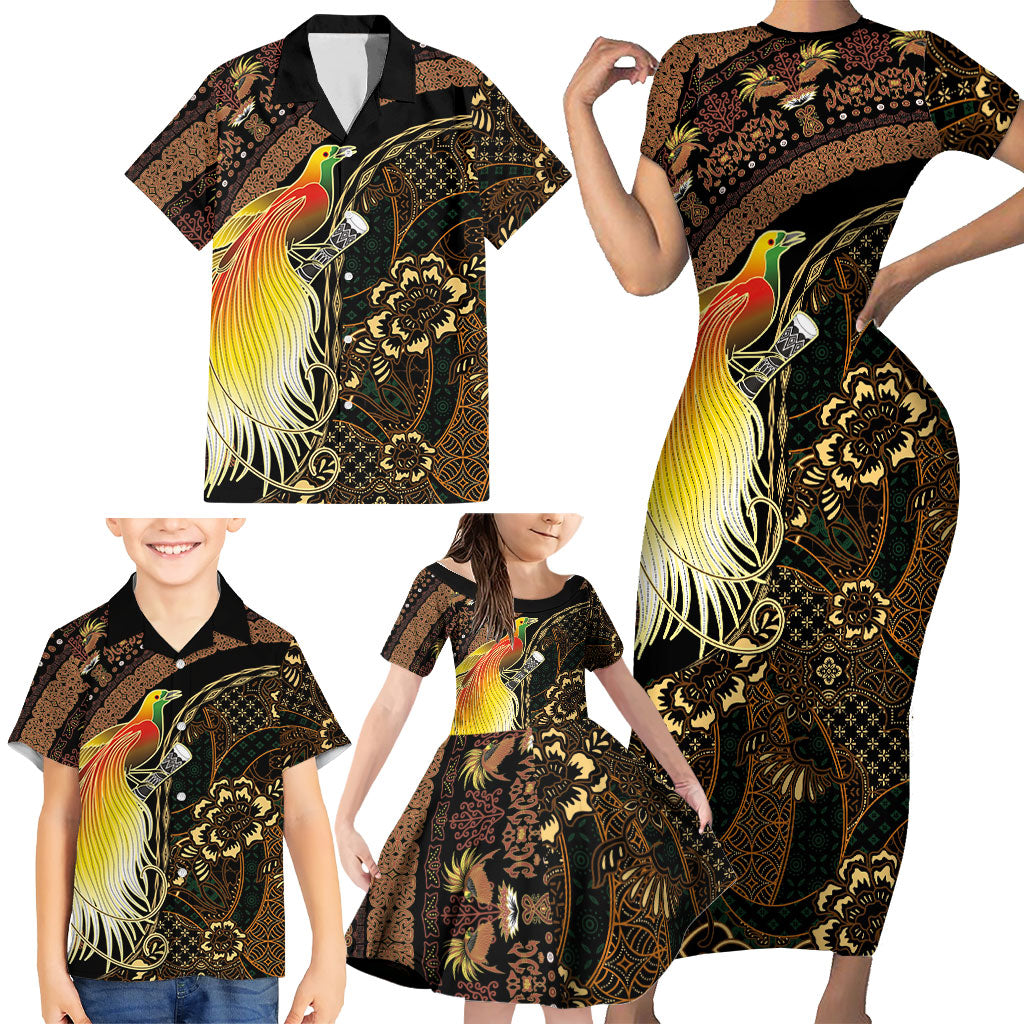 Papua New Guinea and Indonesia Batik Family Matching Short Sleeve Bodycon Dress and Hawaiian Shirt Bird of Paradise with Tribal Batik Patterns LT03 - Polynesian Pride