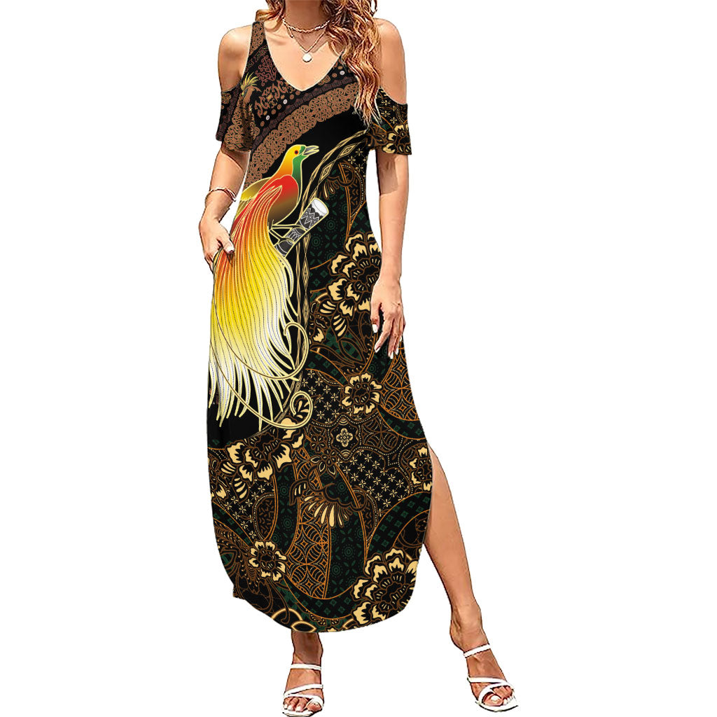 Papua New Guinea and Indonesia Batik Family Matching Summer Maxi Dress and Hawaiian Shirt Bird of Paradise with Tribal Batik Patterns LT03 Mom's Dress Multicolor - Polynesian Pride