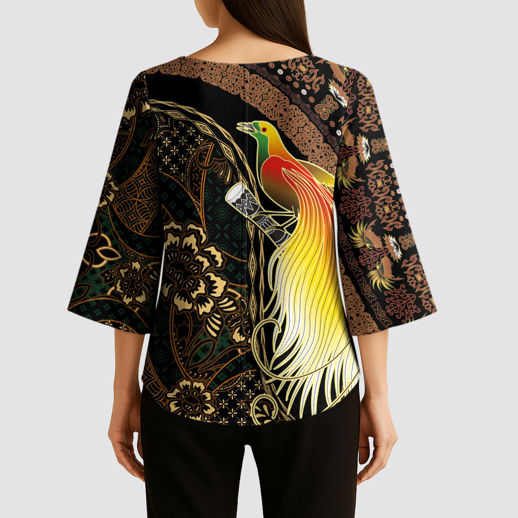 Papua New Guinea and Indonesia Batik Kimono Sleeve Blouse Bird of Paradise with Tribal Batik Patterns LT03 - Polynesian Pride