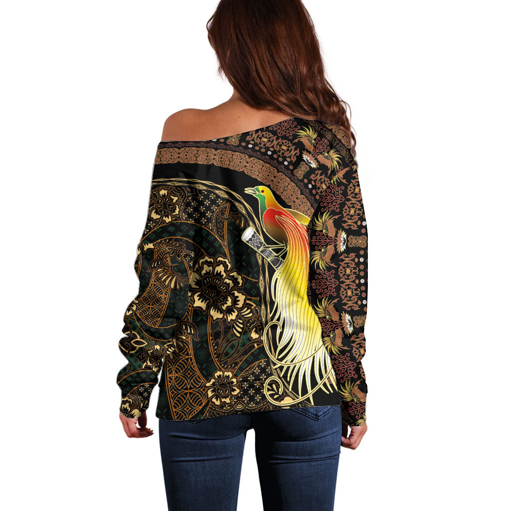 Papua New Guinea and Indonesia Batik Off Shoulder Sweater Bird of Paradise with Tribal Batik Patterns LT03 - Polynesian Pride